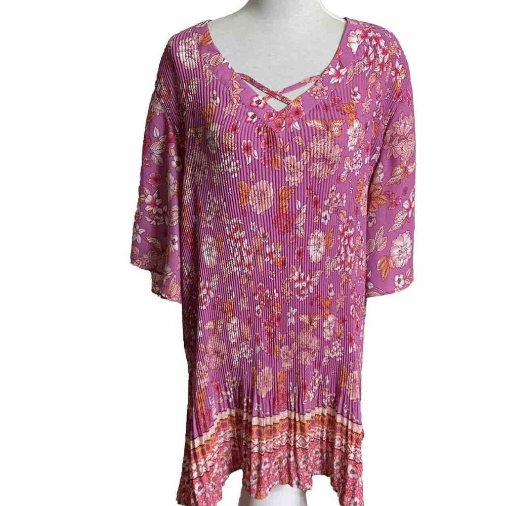 Avenue Floral Pink Fairfield Tunic Plus Sz 22/24 Pleated Flutter Sleeve Cottage